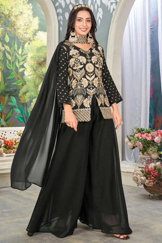 Black Faux Georgette Readymade Palazzo Pant Suit NCSS11410447