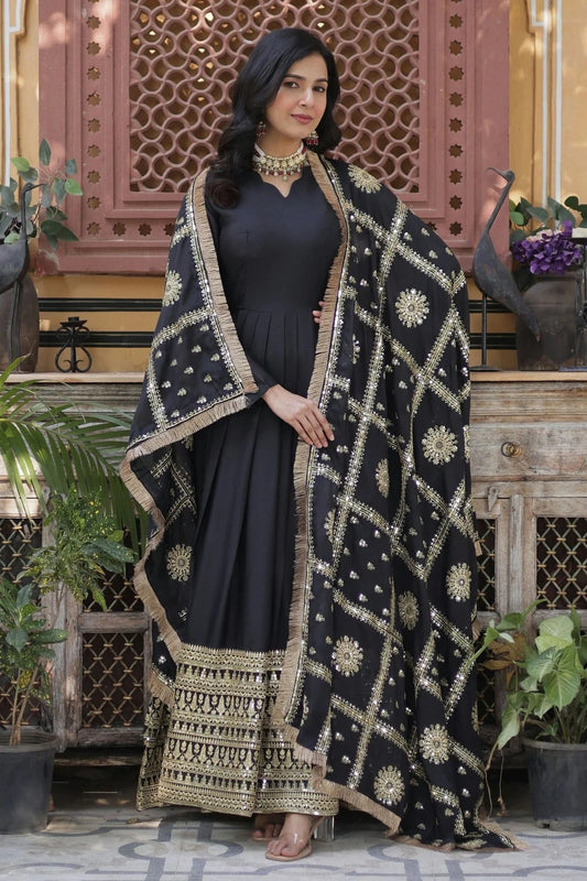 Black Faux Georgette Stitched Gown NCGW11111352