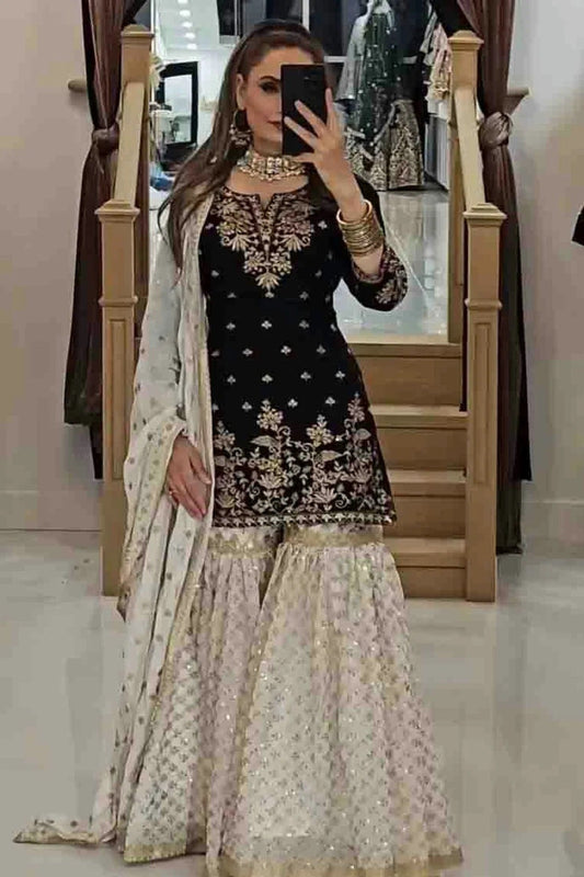 Black Faux Georgette Stitched Sharara Suit NCSS11410172