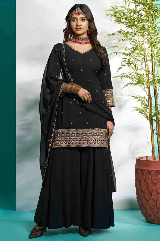 Black Faux Georgette Stitched Suit NCSS11110920
