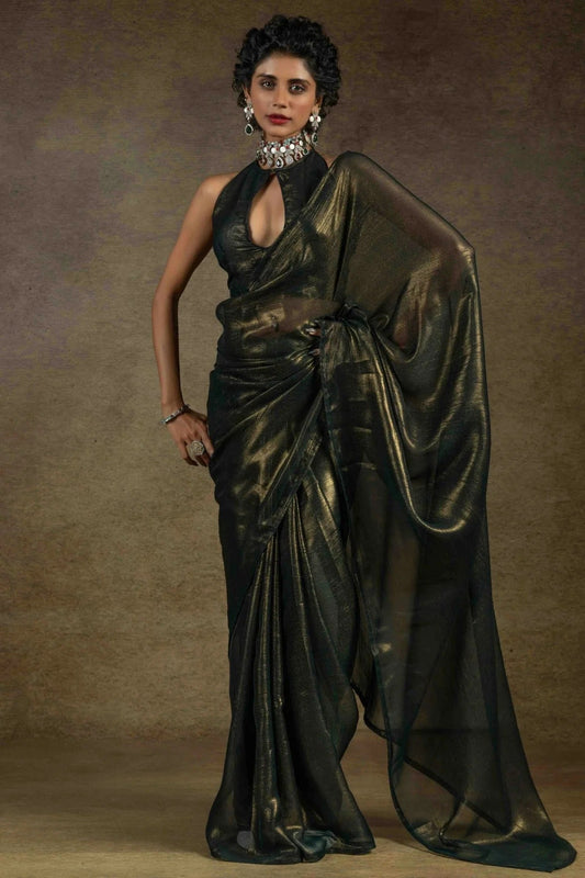 Black Fendi Satin Ready To Wear Saree NCSD11210146