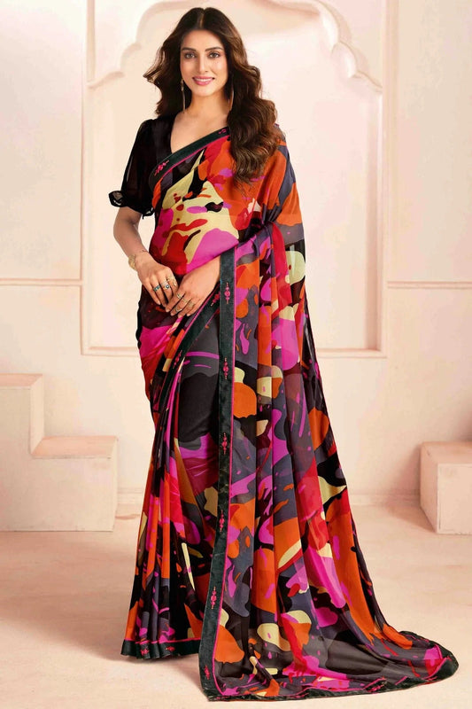 Black Georgette Digital Printed Printed Saree NCSD11110405