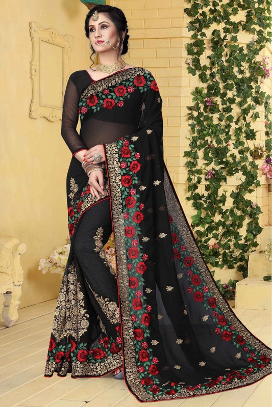 Black Georgette Embroidered Saree NCSD11210600