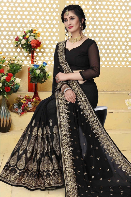 Black Georgette Embroidered Saree NCSD11210603