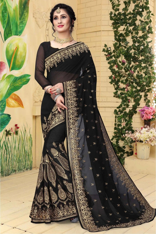 Black Georgette Embroidered Saree NCSD11210603