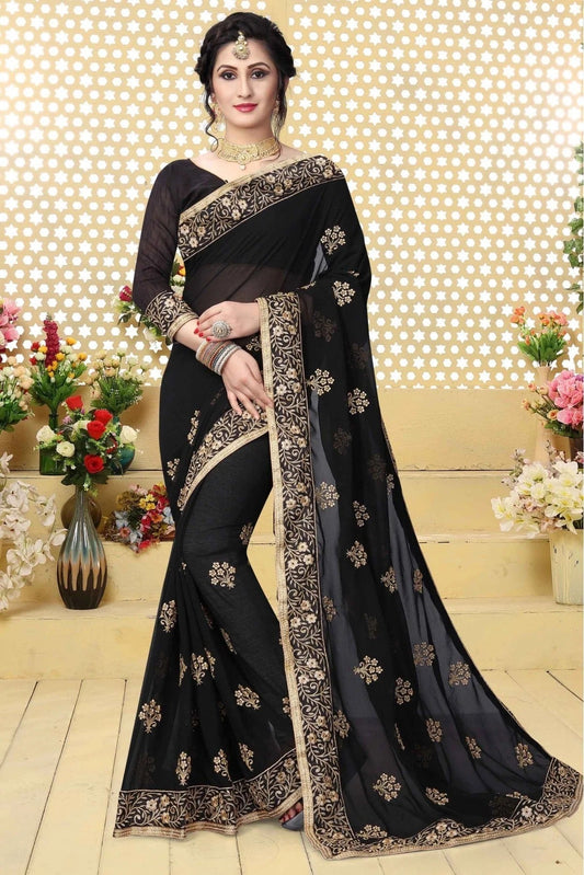 Black Georgette Embroidered Saree NCSD11210605