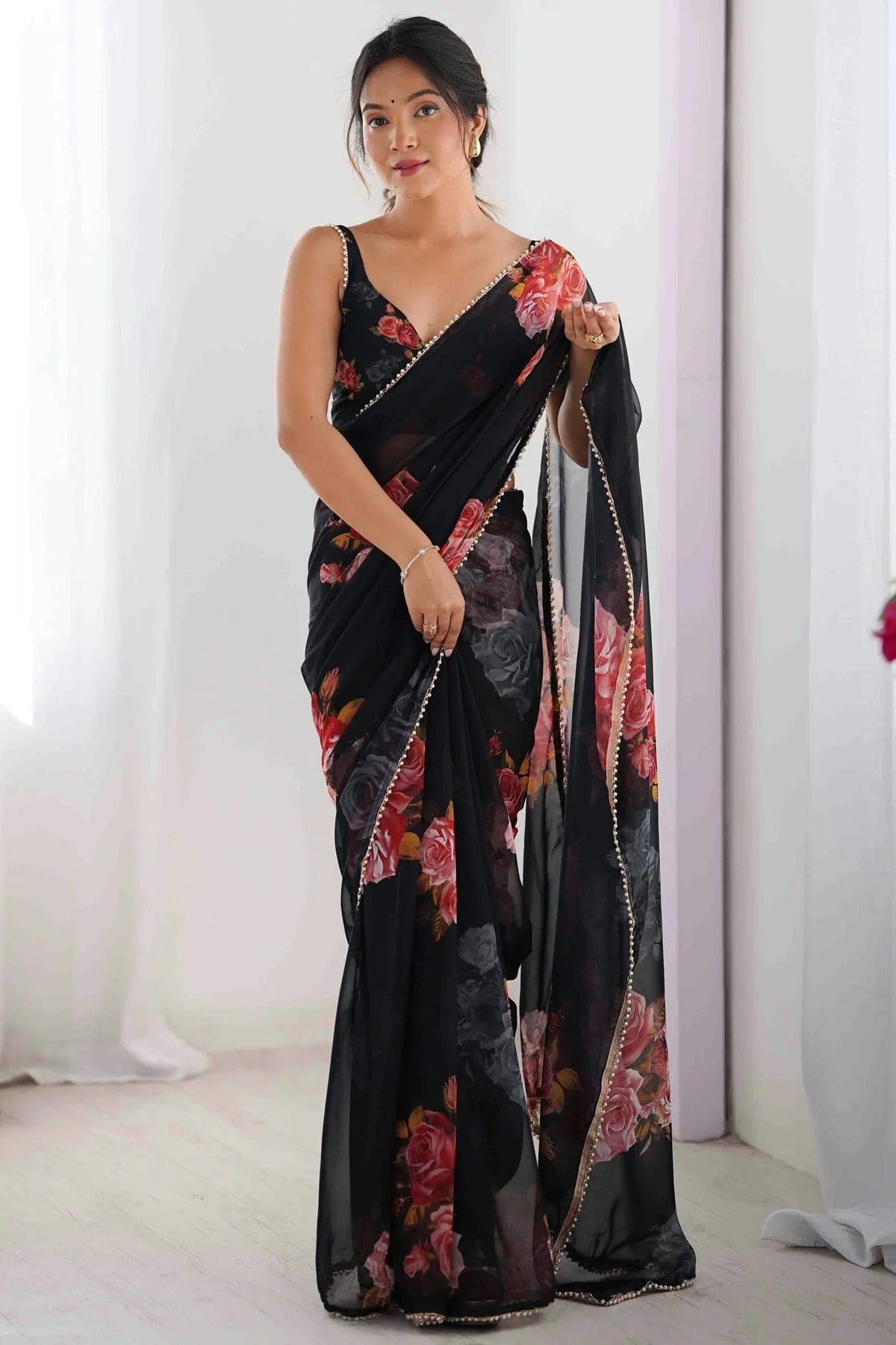 Black Georgette Hand Printed Saree NCSD11110439