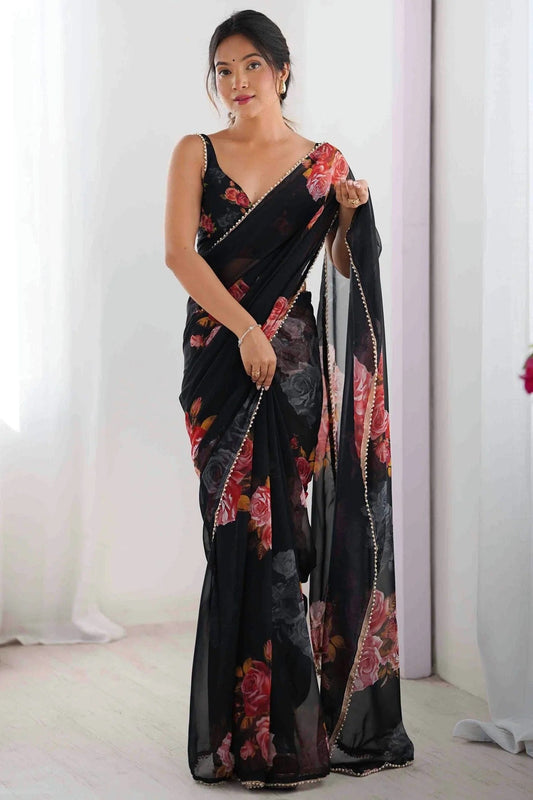 Black Georgette Hand Printed Saree NCSD11110439