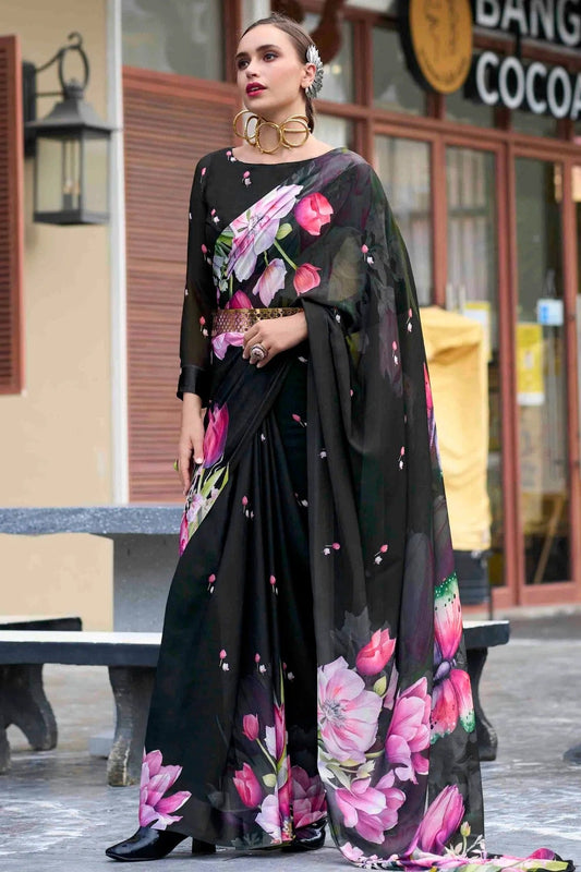 Black Georgette Printed Saree NCSD11110611
