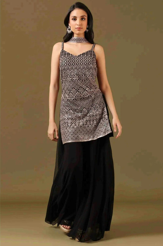 Black Georgette Stitched Sharara Suit NCSS11410168