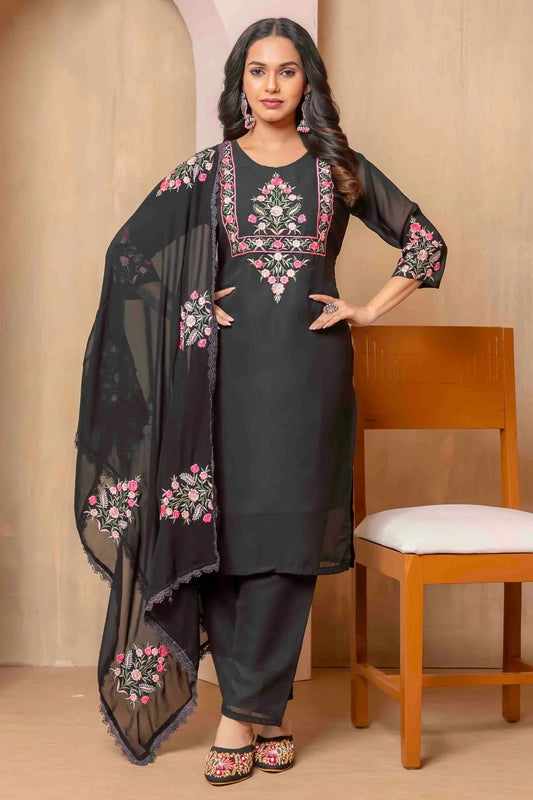 Black Georgette Stitched Suit NCSS11110659