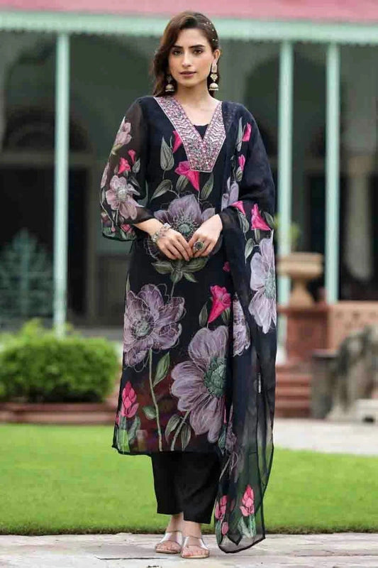 Black Georgette Stitched Suit NCSS11110661