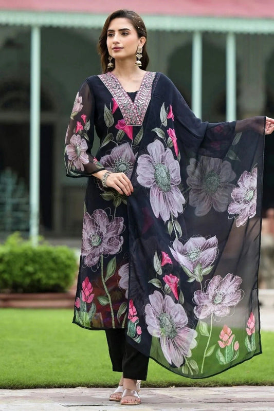 Black Georgette Stitched Suit NCSS11111431