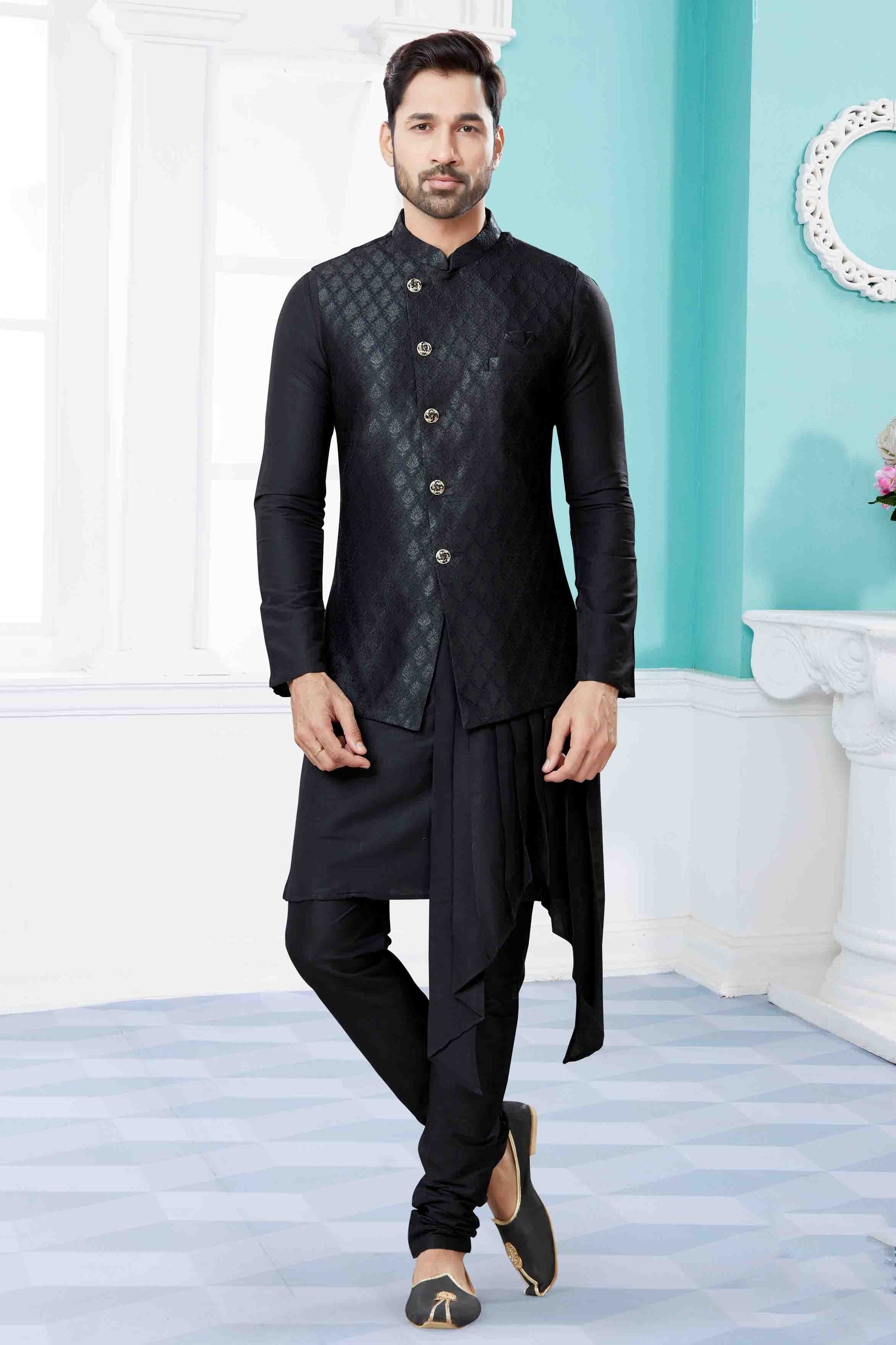 Black Indo Western In Silk Dupion NCSH10410551