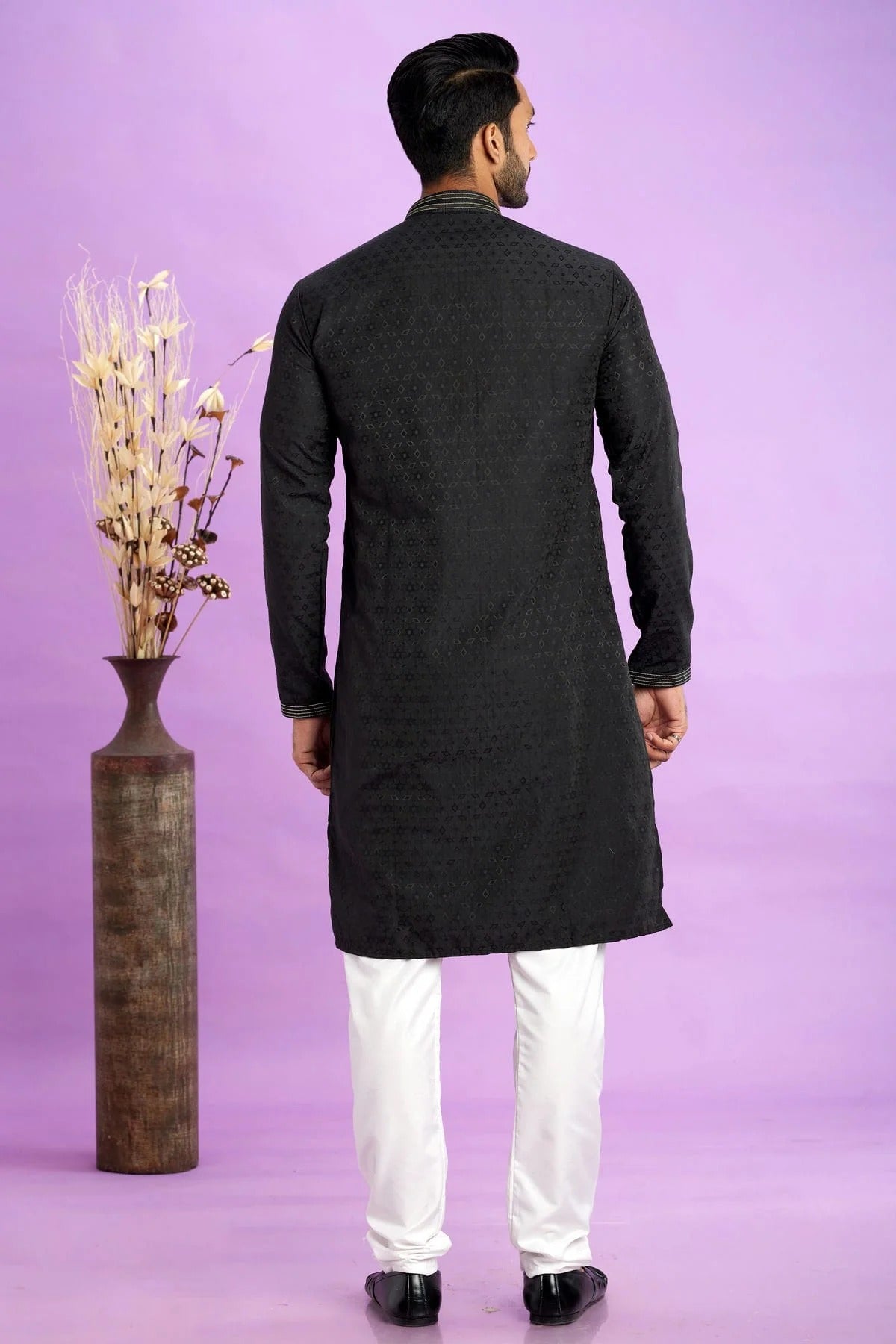 Black Jacquard Art Silk Pintex Kurta Pajama NCKP12310167