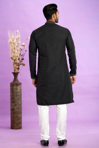 Black Jacquard Art Silk Pintex Kurta Pajama NCKP12310167