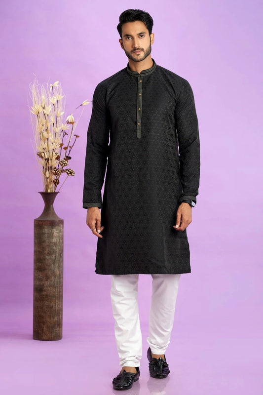 Black Jacquard Art Silk Pintex Kurta Pajama NCKP12310167