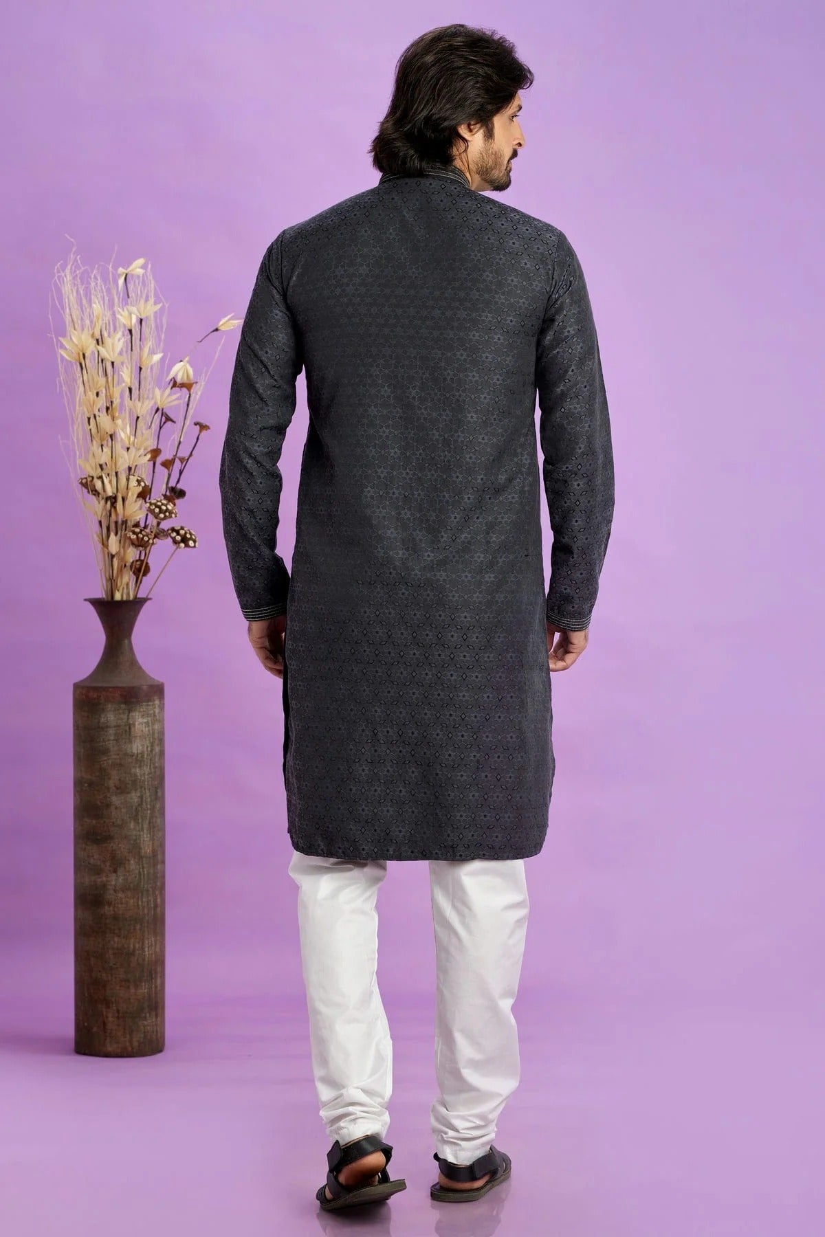Black Jacquard Art Silk Pintex Kurta Pajama NCKP12310170