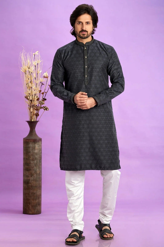 Black Jacquard Art Silk Pintex Kurta Pajama NCKP12310170