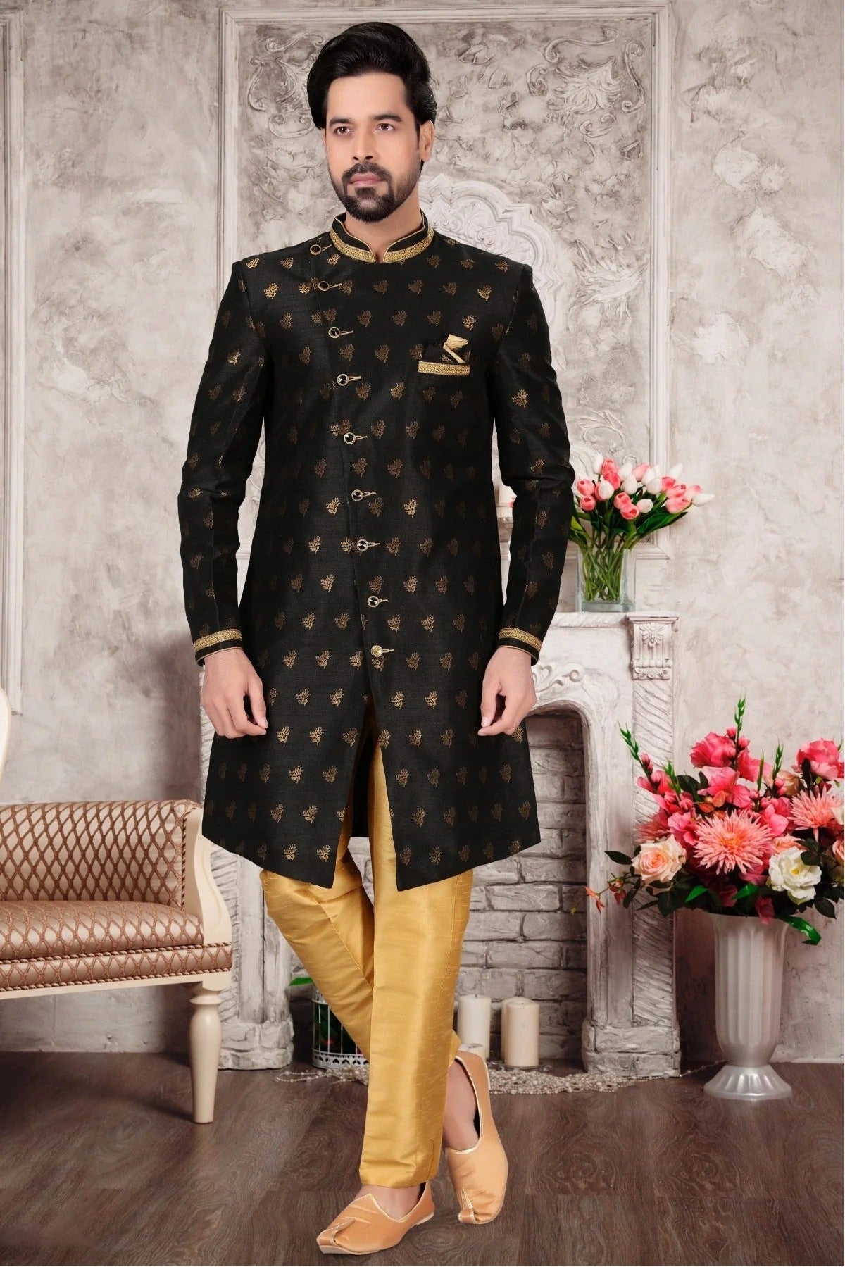 Black Jacquard Sherwani NCSH10410400