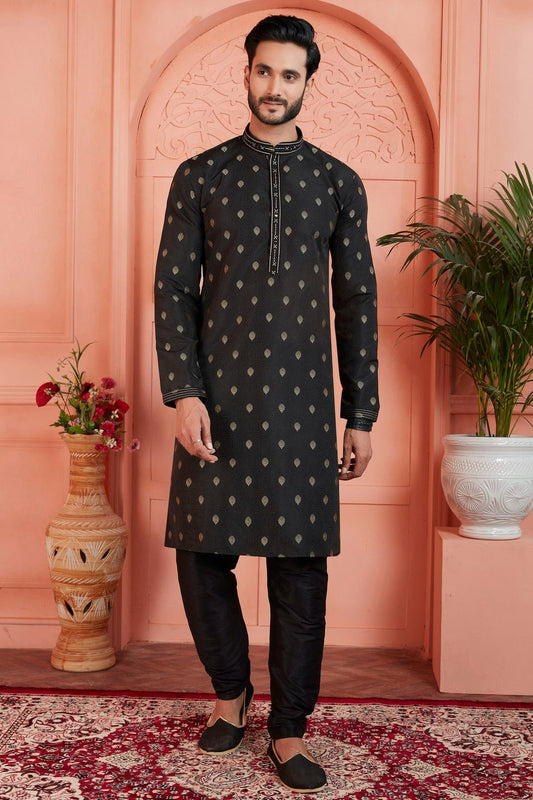 Black Jacquard Silk Brocade Kurta Pajama NCKP12310134