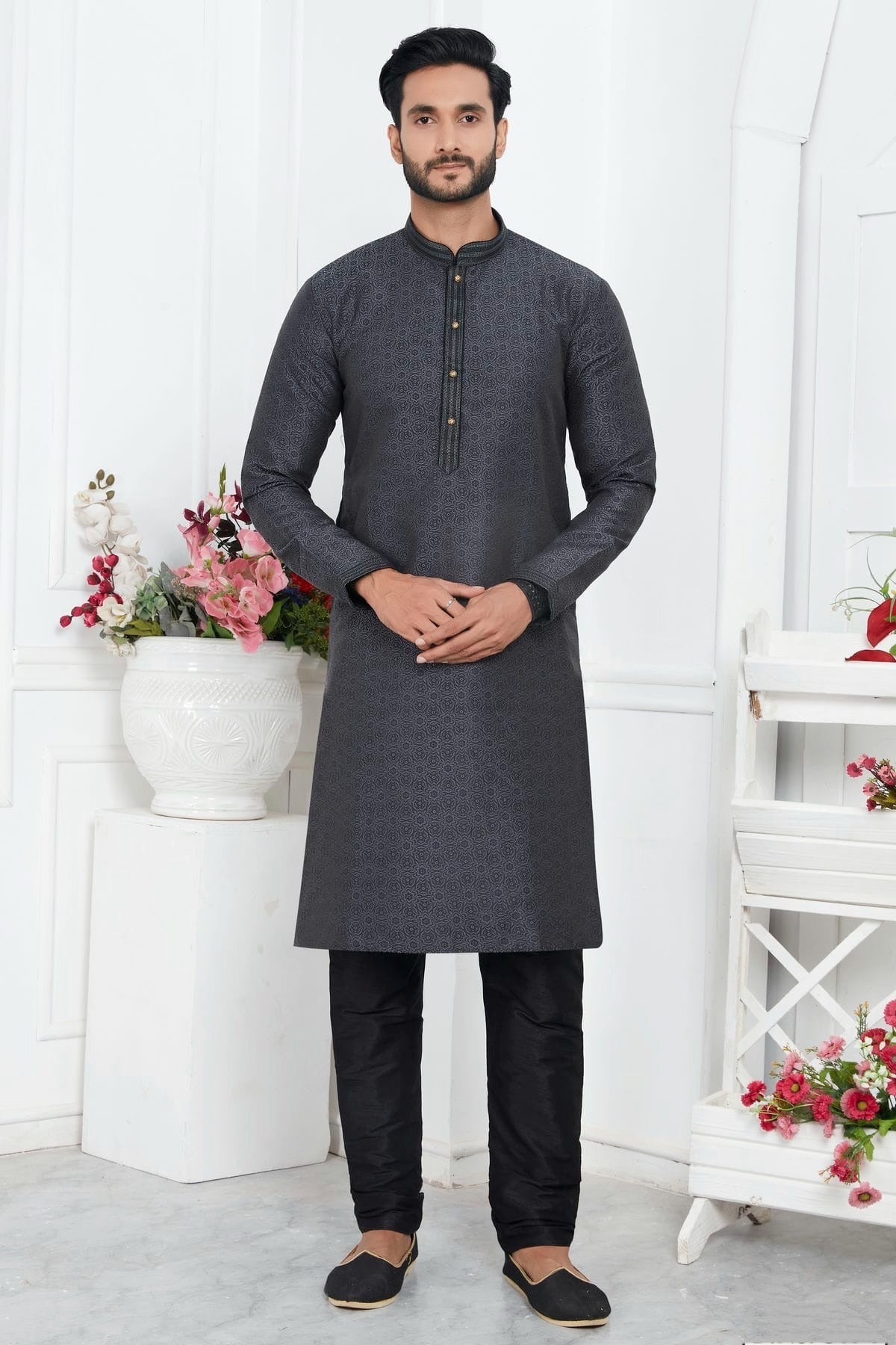 Black Jacquard Silk Brocade Kurta Pajama NCKP12310152