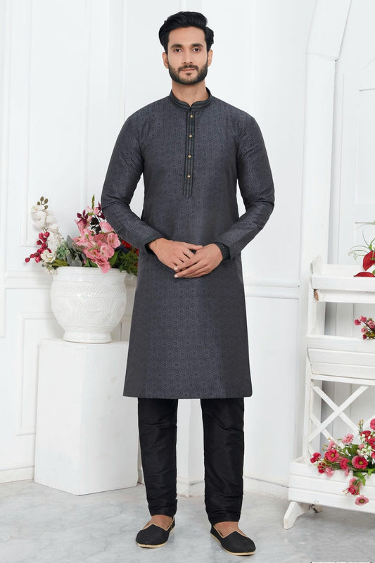 Black Jacquard Silk Brocade Kurta Pajama NCKP12310152