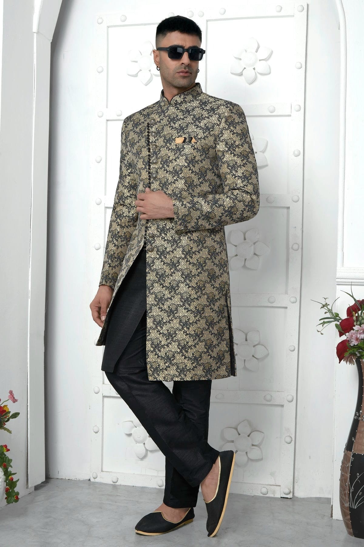 Black Jacquard Silk Indowestern Sherwan With Aligadhi Pant  NCSH12310334