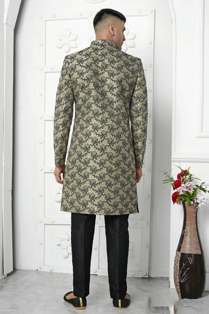Black Jacquard Silk Indowestern Sherwan With Aligadhi Pant  NCSH12310334