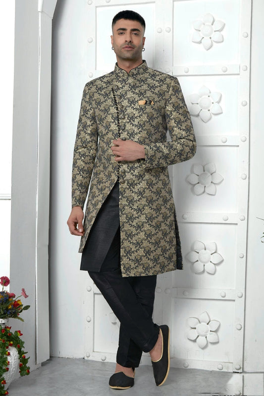 Black Jacquard Silk Indowestern Sherwan With Aligadhi Pant NCSH12310334