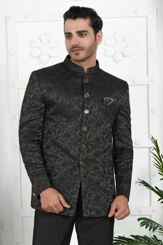 Black Jacquard Silk Jodhpuri Jacket  NCJP12310254