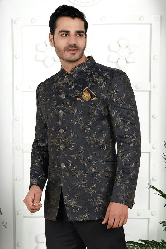 Black Jacquard Silk Jodhpuri Jacket  NCJP12310259