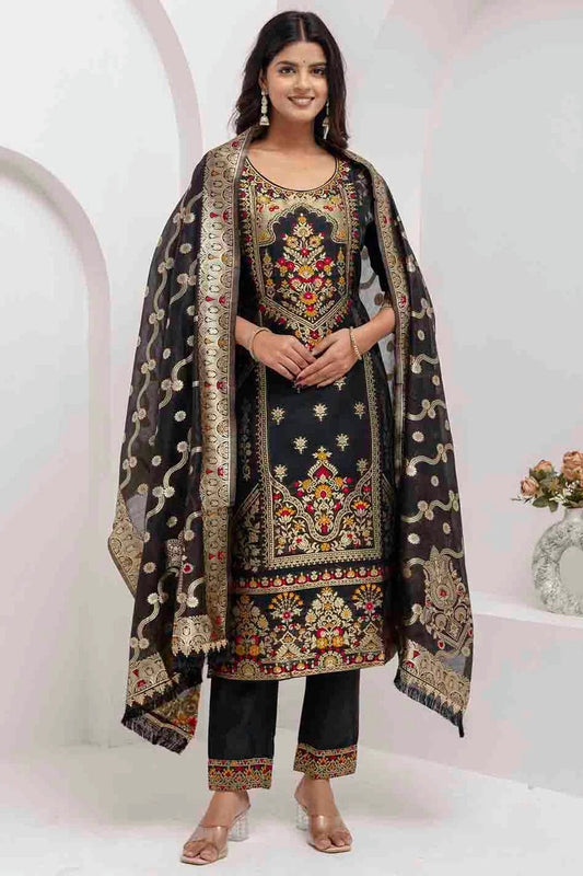 Black Jacquard Silk Woven and Hand Pant Style Suit NCSS11110325