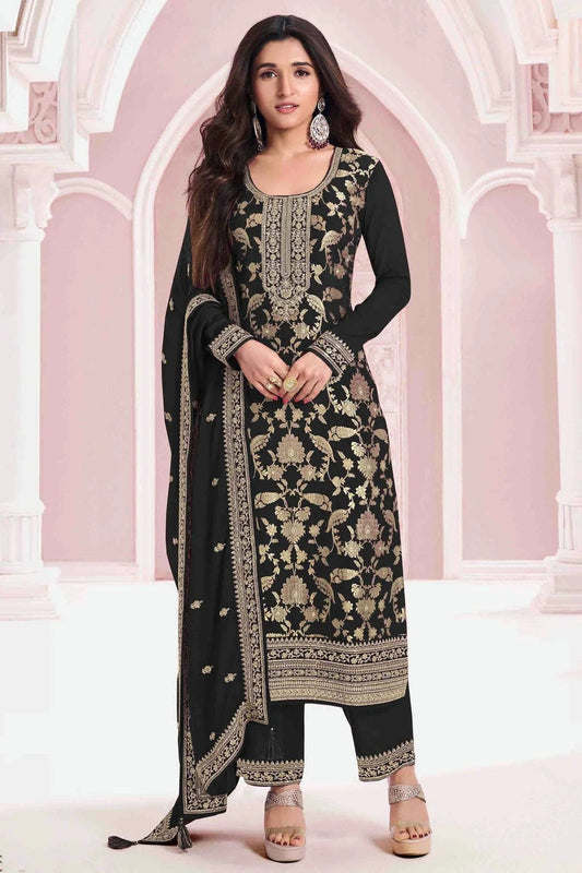 Black Jacquard Viscose Pant Style Suit NCSM11410114