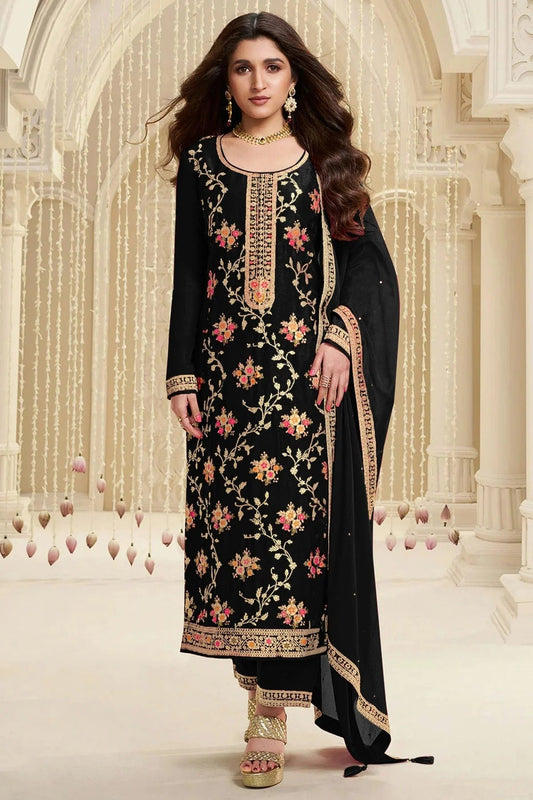 Black Jacquard Viscose Straight Suit NCSM11410384