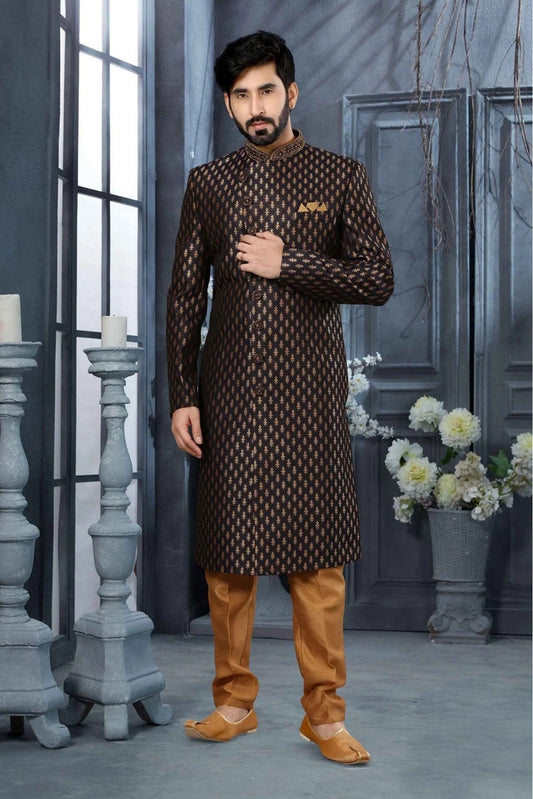 Black Jacquard Woven Sherwani NCSH10410436