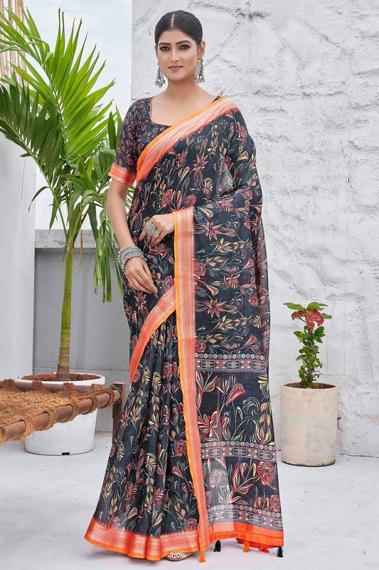 Black Linen Blend Printed Saree NCSD11111872