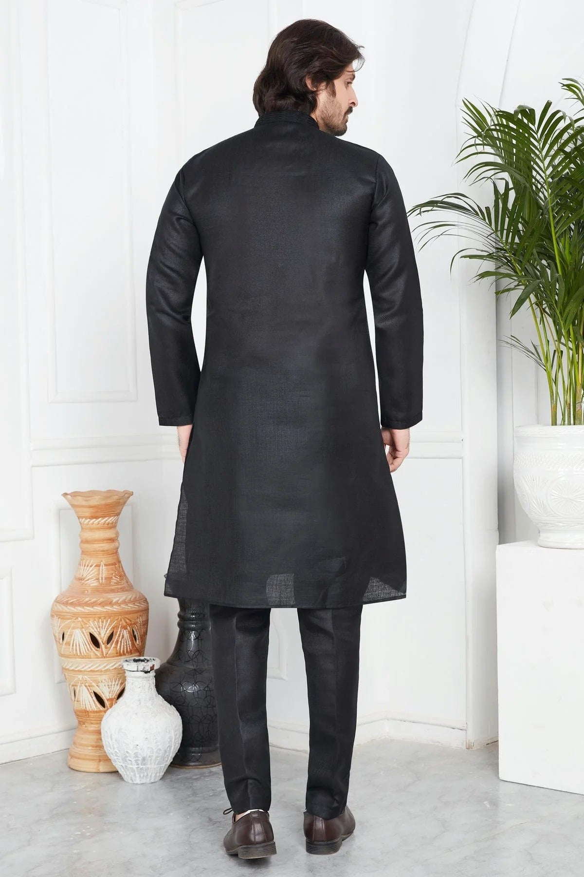 Black Linen Cotton Pintex Kurta Pajama NCKP12310248