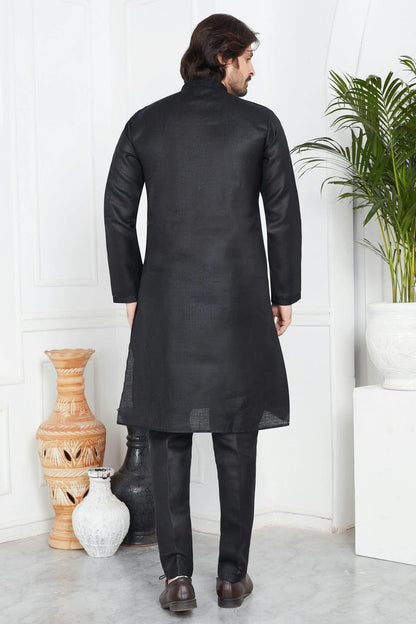 Black Linen Cotton Pintex Kurta Pajama NCKP12310248