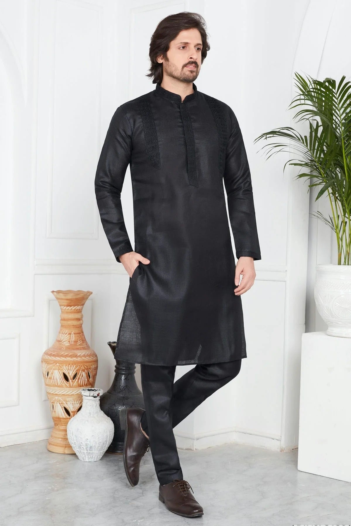 Black Linen Cotton Pintex Kurta Pajama NCKP12310248