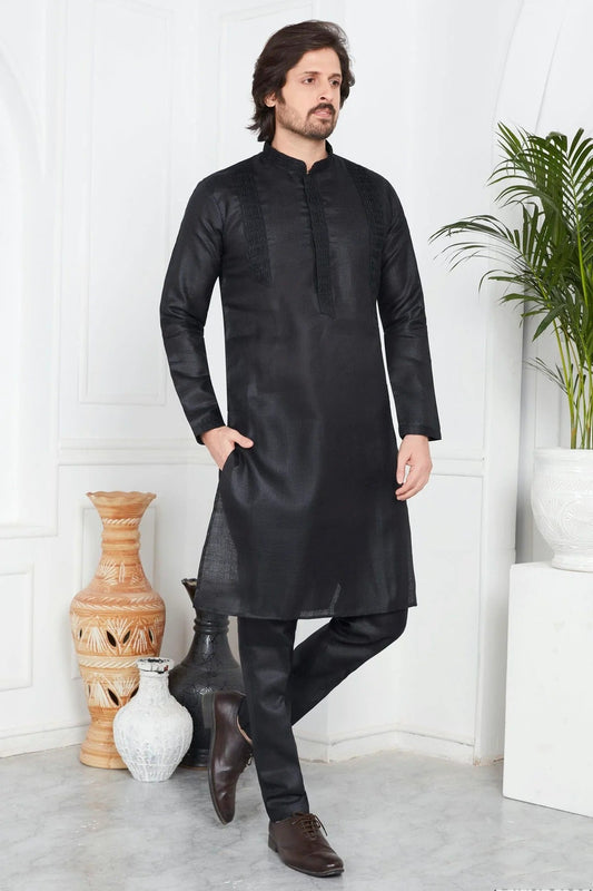 Black Linen Cotton Pintex Kurta Pajama NCKP12310248