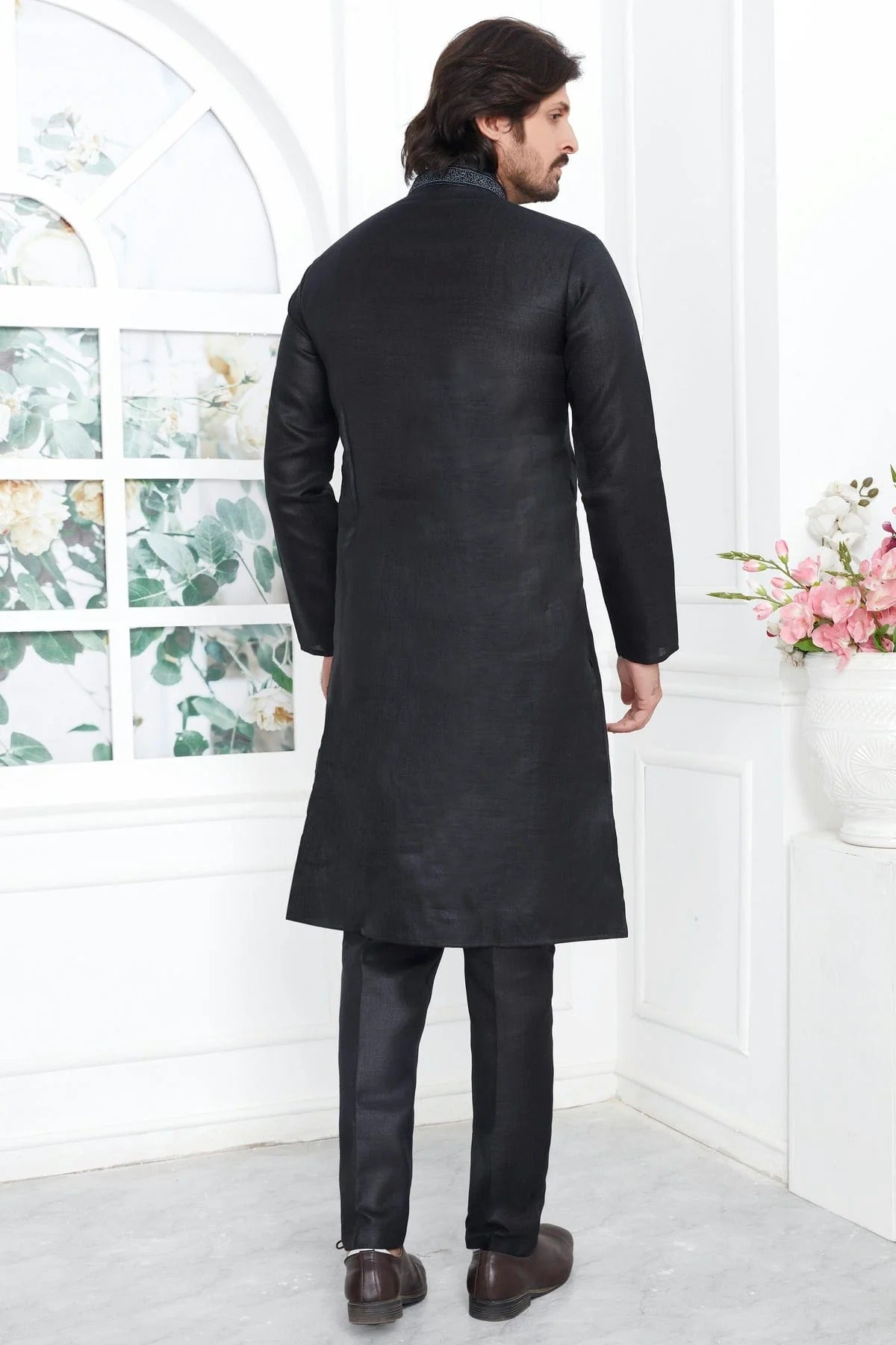 Black Linen Cotton Thread Kurta Pajama NCKP12310234