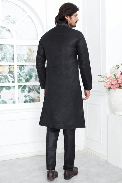Black Linen Cotton Thread Kurta Pajama NCKP12310234