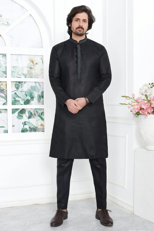 Black Linen Cotton Thread Kurta Pajama NCKP12310234