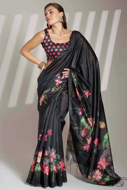 Black Linen Printed Saree NCSD11110977