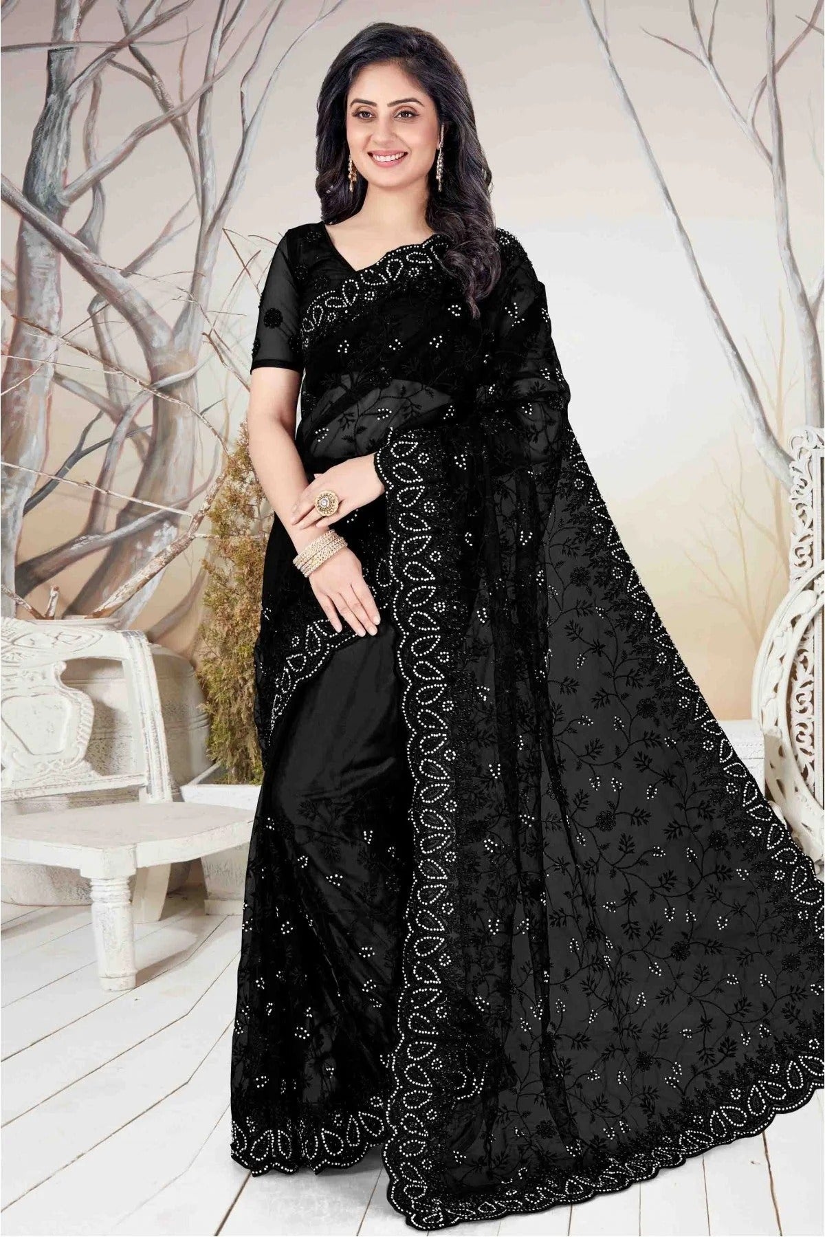 Black Net Embroidery Saree NCSD10910536