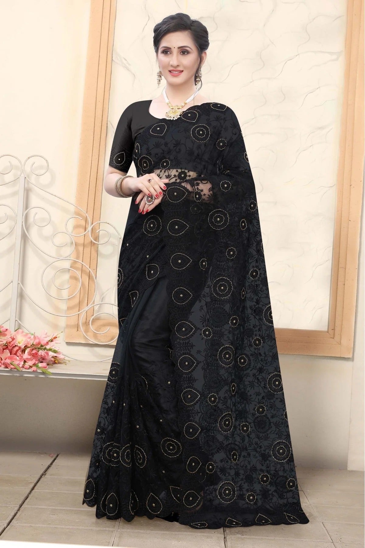 Black Net Embroidery Saree NCSD10910559