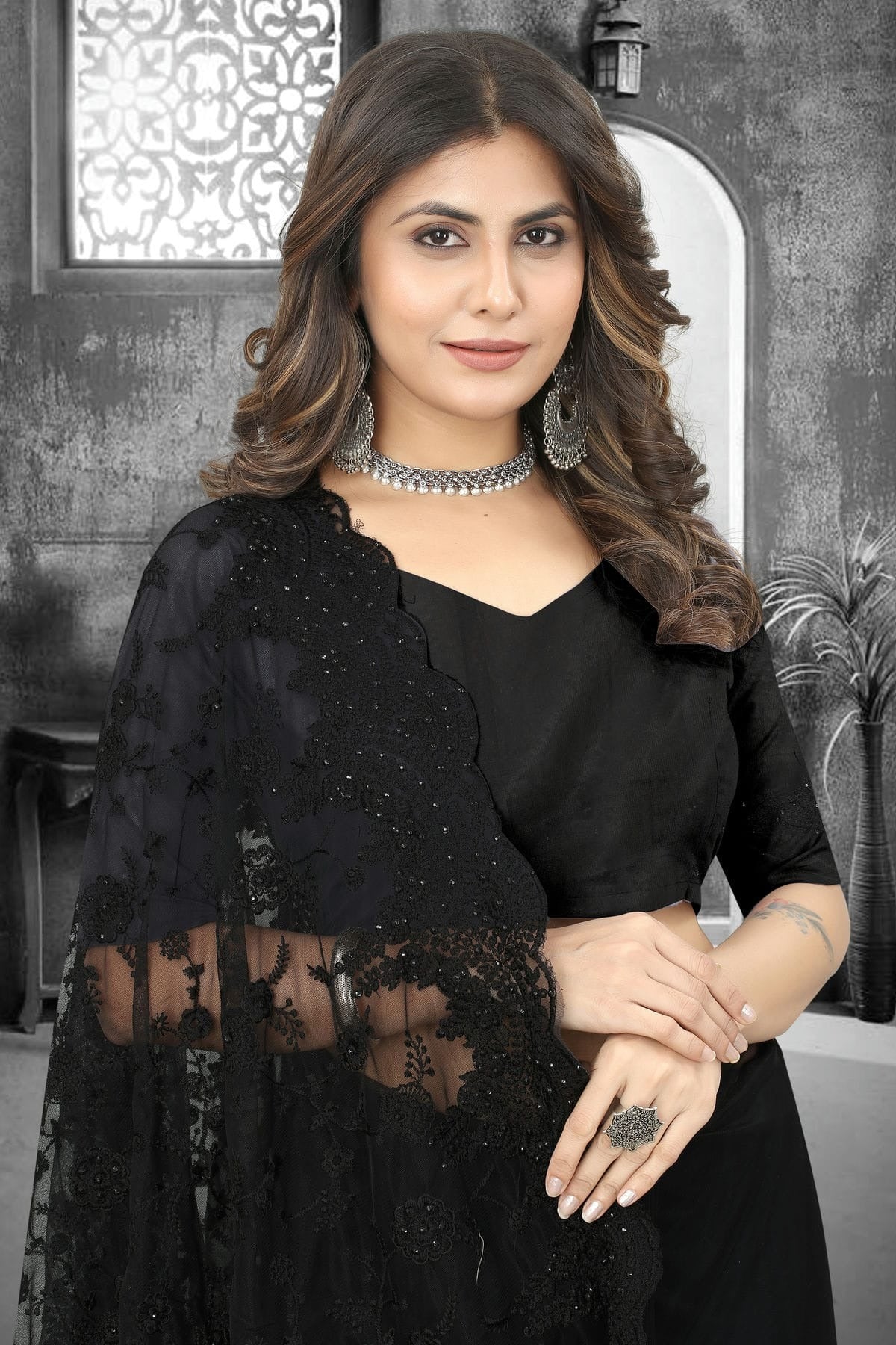 Black Net Saree NCSD10910371
