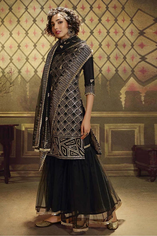 Black Net Sequins Sharara Suit NCSM10810361