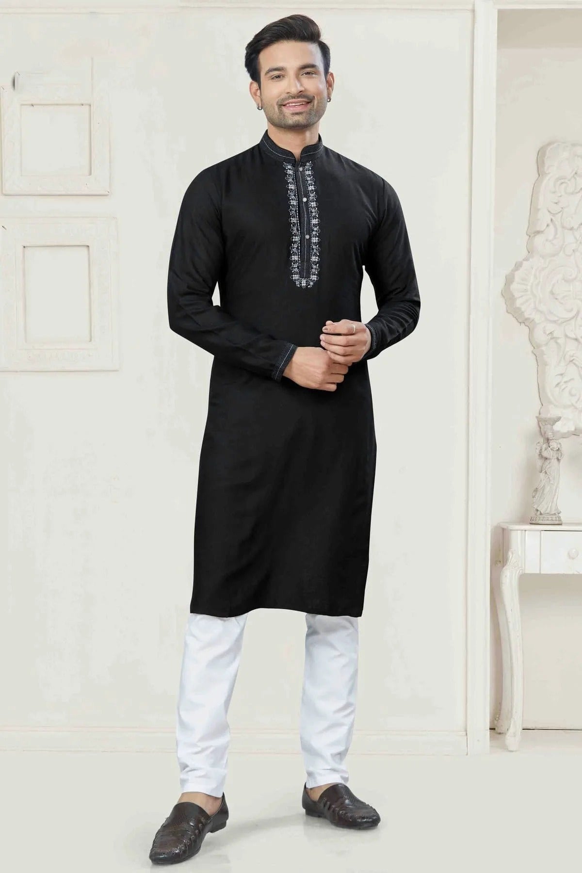 Black Pintex and Embroidery Cotton Kurta Pajama NCKP11110555